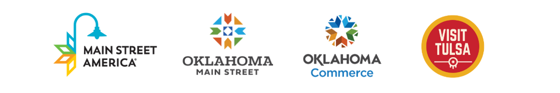 From left to right, logos for Main Street America, Oklahoma Main Street, Oklahoma Commerce, and Visit Tulsa.