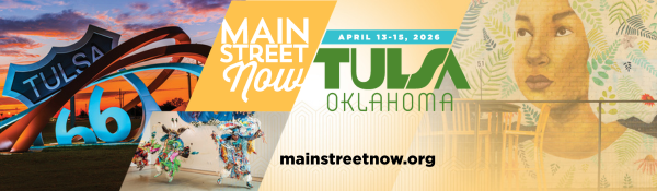Graphic featuring three images (left-to-right: a Tulsa Route 66 sculpture, a Native American dancer, and a mural depicting a woman) on a light orange background with the Main Street Now 2026 logo in the center area.